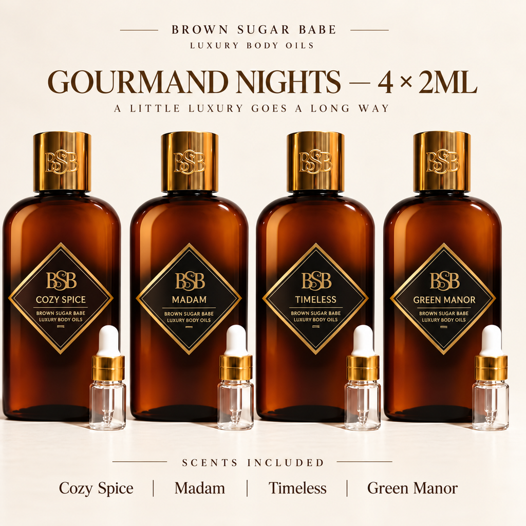Gourmand Nights Discovery Set | BSB Body Oil Samples 4 × 2ML | Cozy Spice + Madam + Timeless + Green Manor
