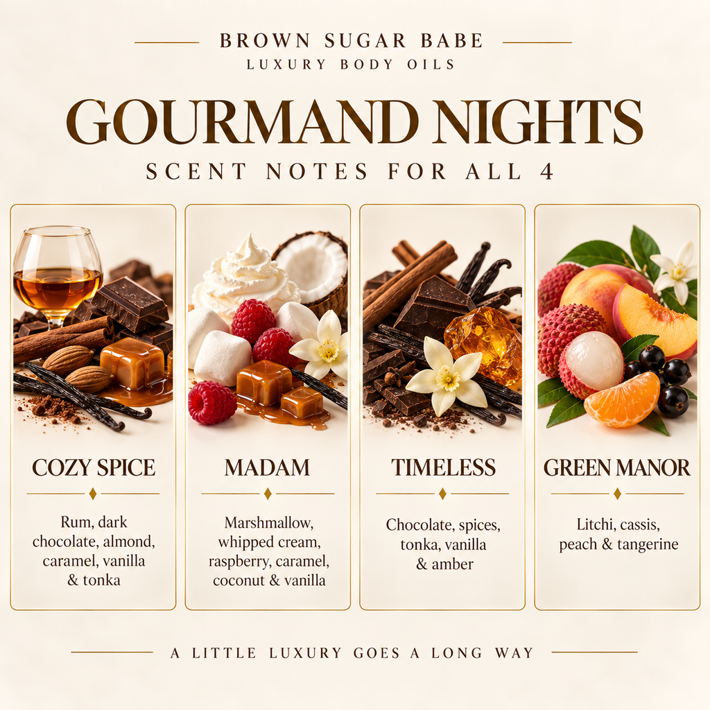 Gourmand Nights Discovery Set | BSB Body Oil Samples 4 × 2ML | Cozy Spice + Madam + Timeless + Green Manor