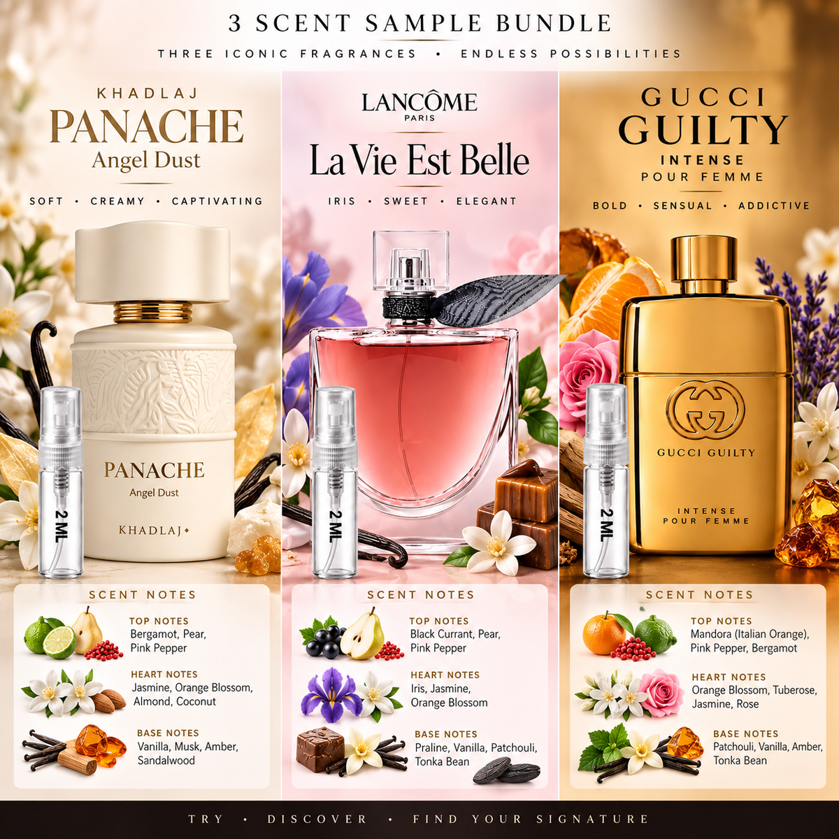 Sweet & Sultry Perfume Sample Bundle | Gucci Guilty Intense + Lancôme La Vie Est Belle L'Elixir + Panache Angel Dust | 2ML Each